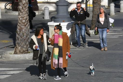 Dos jóvenes pesean en Cádiz con su mascota que también se abriga para evitar el frío