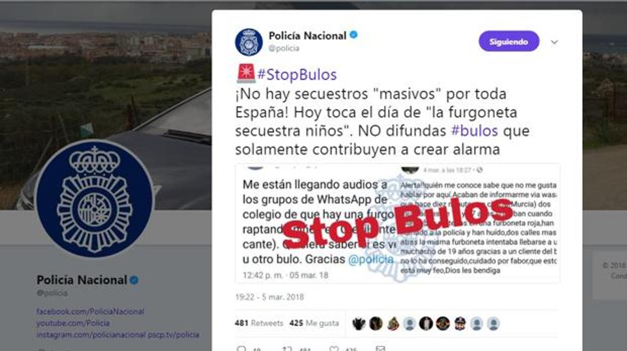 Mensaje de la Policía Nacional alertando sobre bulos