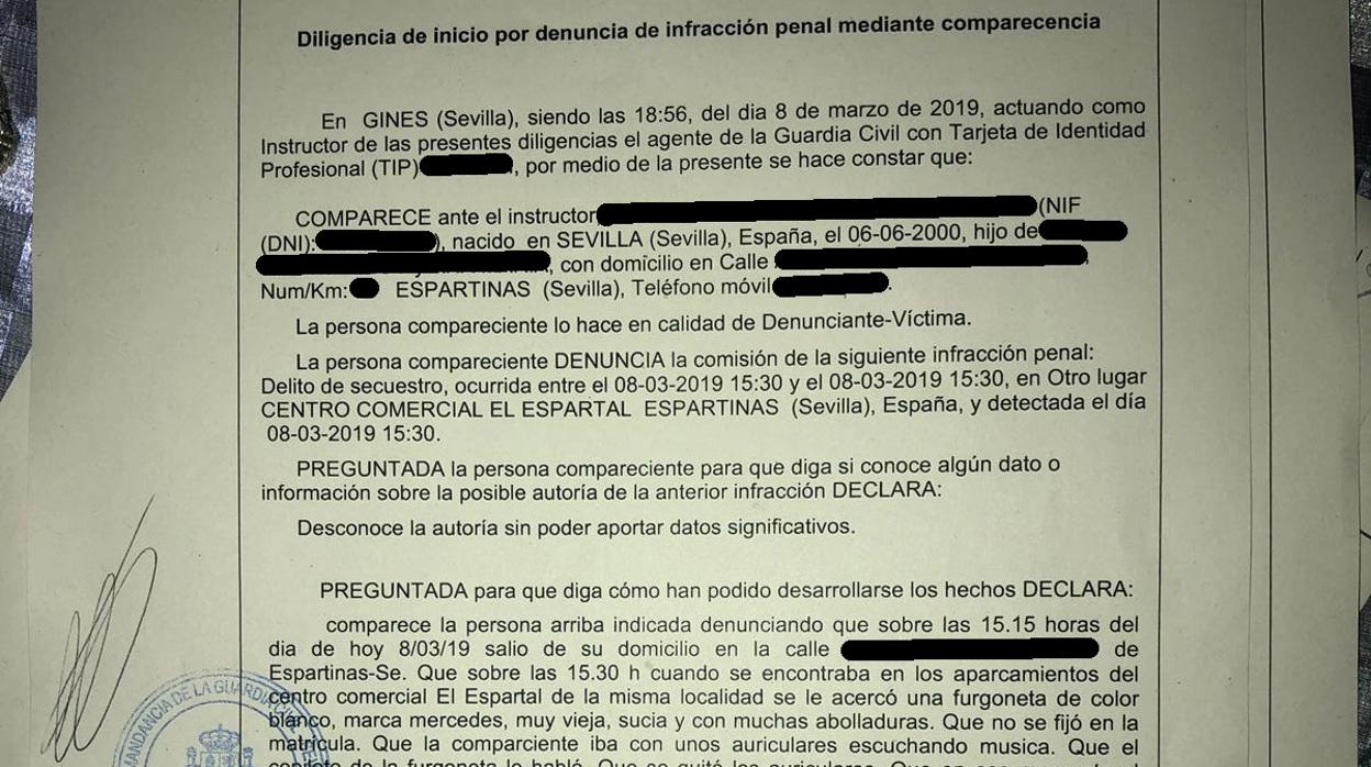 La denuncia que presentó el 8 de marzo una joven de Espartinas en el cuartel de la Guardia Civil de Gines