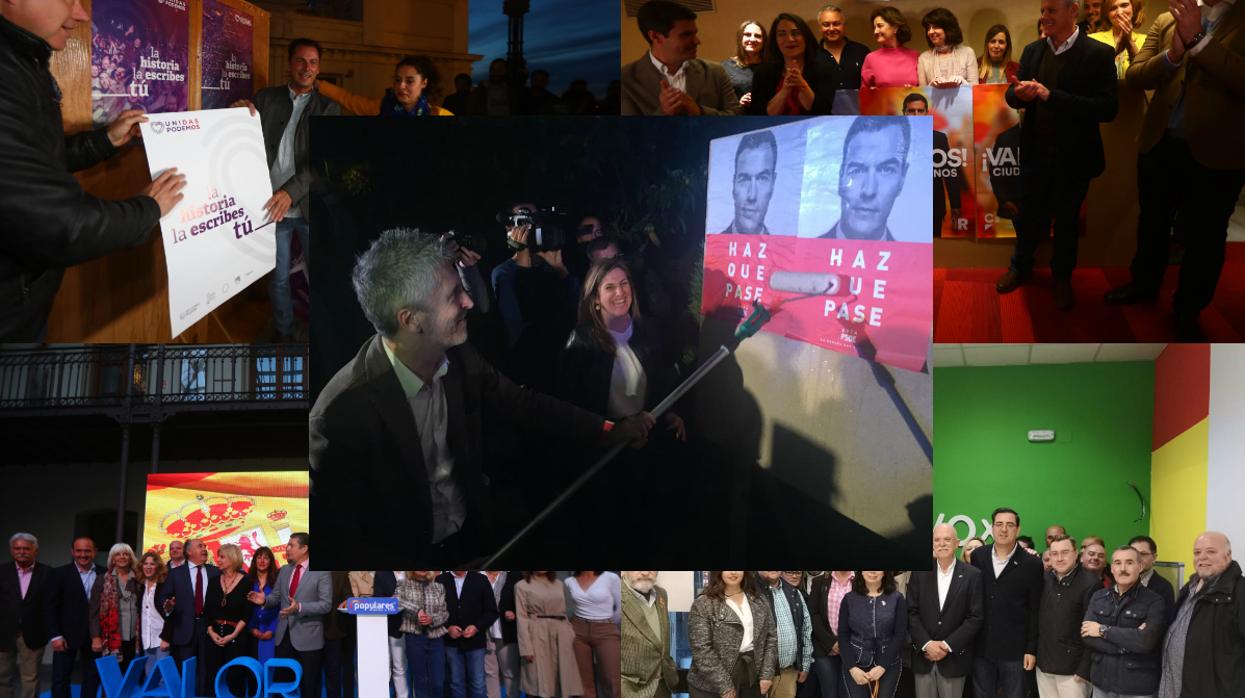 Imagen con la pegada de carteles de Unidas Podemos, Ciudadanos, PP, Vox y, en el centro, PSOE.