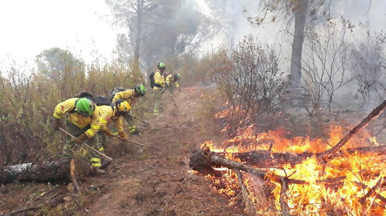 Efectivos del Plan Infoca durante el incendio de El Ronquillo el pasado mes de agosto