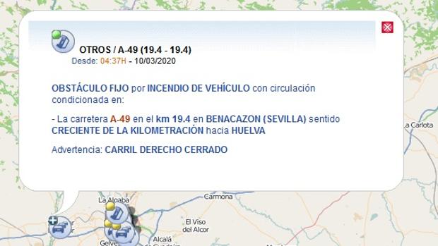 Normalizado el tráfico en la A-49 a la altura de Benacazón tras el incendio de un camión