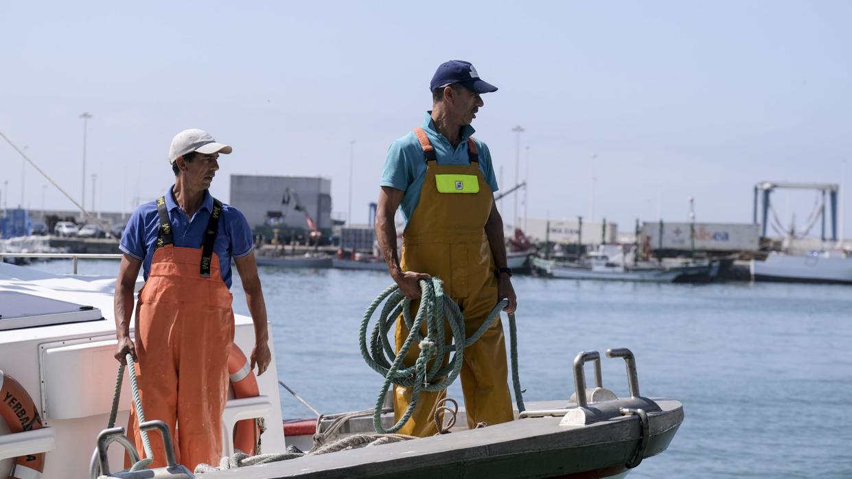 Marineros atracando en la lonja del puerto de Barbate.