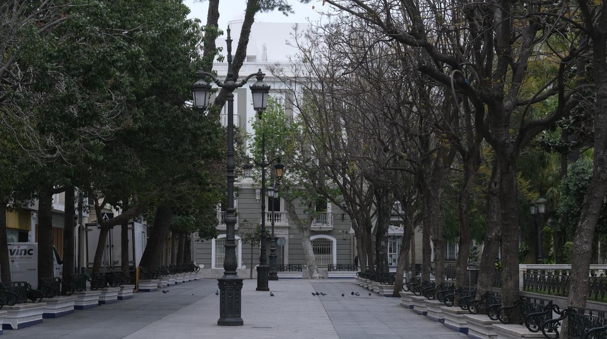 Plazas y calles están desiertas en Cádiz por la falta de actividad.