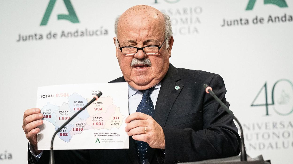 El consejero de Salud de la Junta de Andalucía, Jesús Aguirre, durante una rueda de prensa.