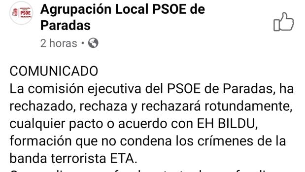 El PSOE de Paradas critica el pacto de Pedro Sánchez con Bildu: «No tengo miedo a un tirón de orejas»