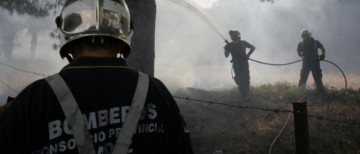 Un grupo de bomberos trabaja en la extinción de un incendio de pastos en San Fernando.