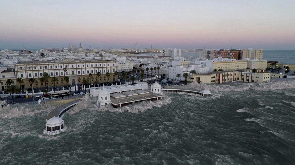 Simulación de los efectos del maremoto en Cádiz en el documental La gran ola, de Fernando Arroyo: