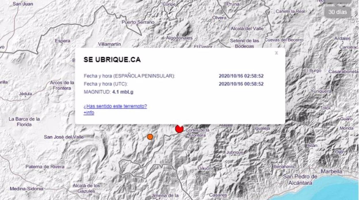 Localización del terremoto de magnitud 4,1 con epicentro en Ubrique.