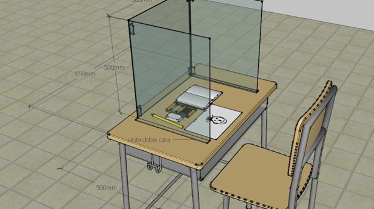 Imagen de archivo de la recreación en 3D de una mampara en un pupitre