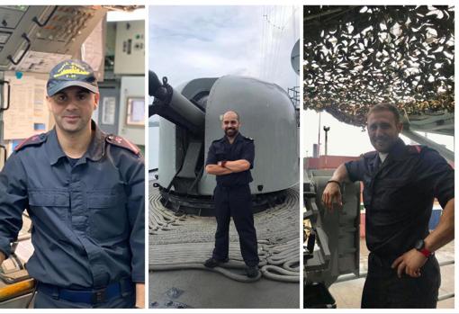 De izquierda a derecha: marinero Femenía, sargento Rosety y marinero Ossorio.