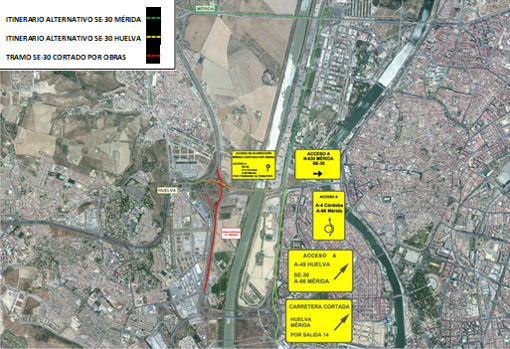 Cortes de tráfico en la salida hacia la autovía A-49 en sentido Huelva y en la SE-30 desde este viernes