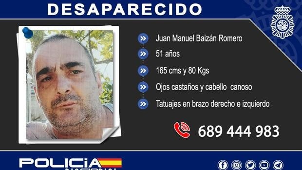 La Policía Nacional busca en Cádiz a Juan Manuel Baizán de 51 años