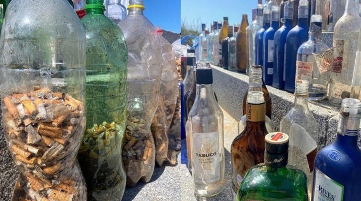 Decenas de botellas de cristal y colillas entre la basura que dejan los botellones en Chiclana