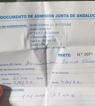 Documento de admisión al establecimiento Hostal Centro Sol