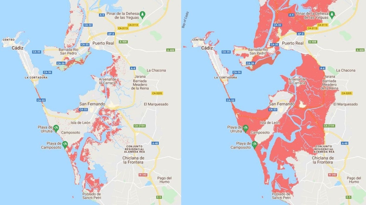 A la izquierda previsión optimista, derecha pesimista, sobre el riesgo de inundabilidad en Cádiz desde la década de 2030