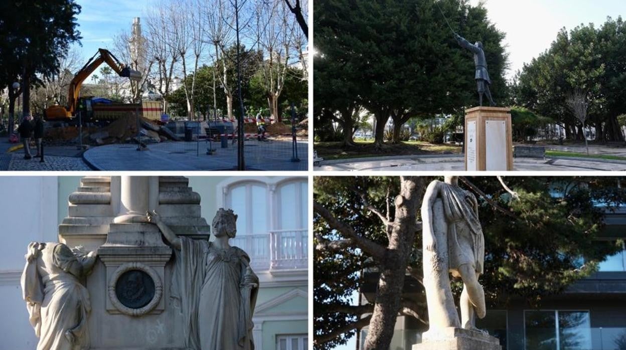 Arriba a la izquierda, obras en la Plaza de España con el monumento a las Cortes sin acceso.A la derecha, estatua del almirante Blas de Lezo (arriba) y del dios Baco (debajo). A la izquierda, monumento al Marqués de Comillas.