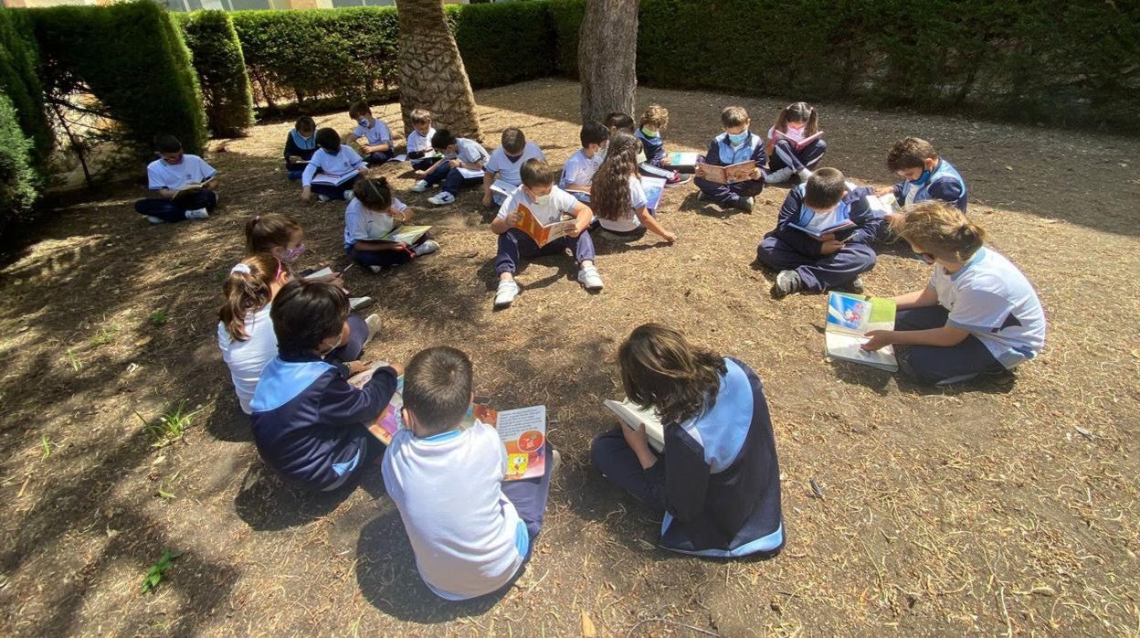 Alumnos de un colegio de Cádiz en una clase al aire libre.