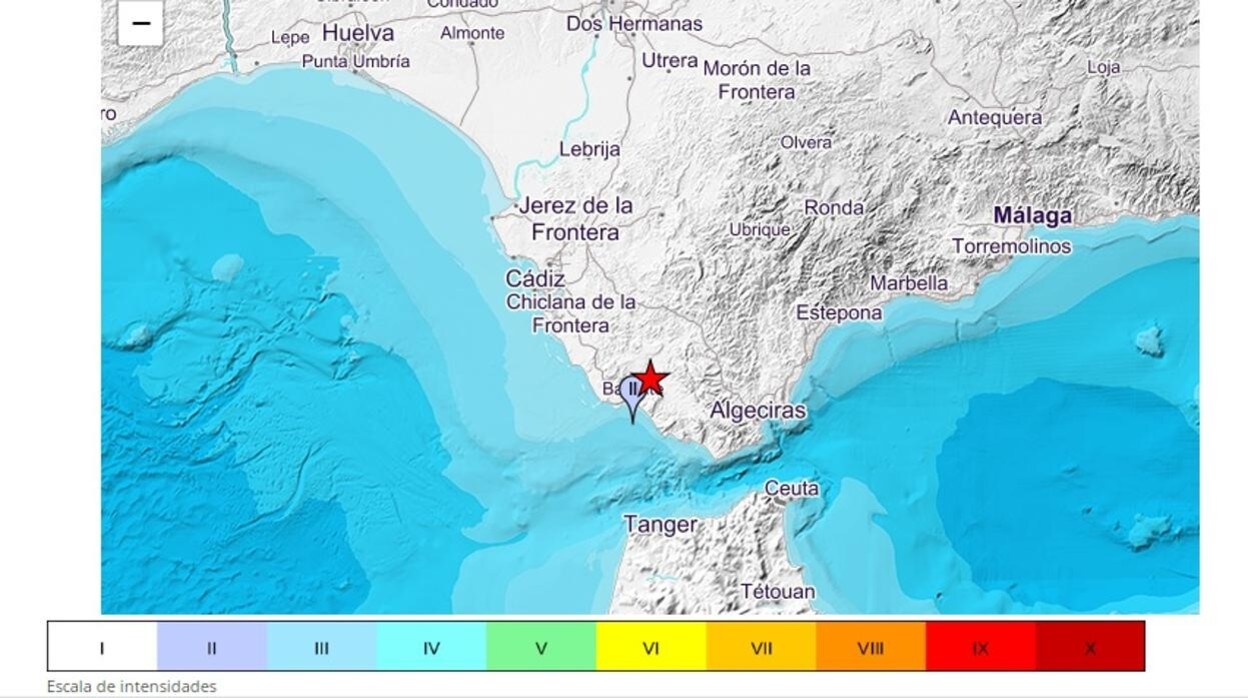 Mapa con el epicentro de uno de los temblores, en Barbate.