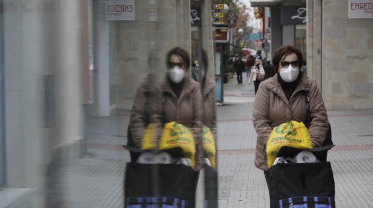 Una señora con su carrito de la compra en la capital gaditana.