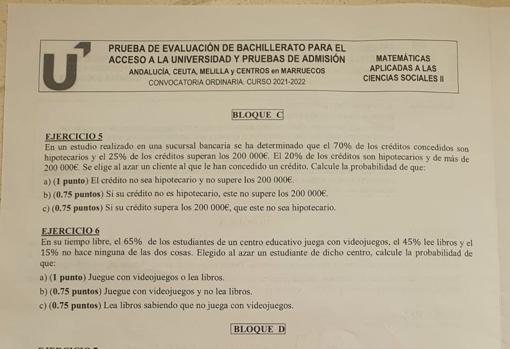 Examen bloque C y D del examen de matemáticas aplicadas a las Ciencias Sociales.