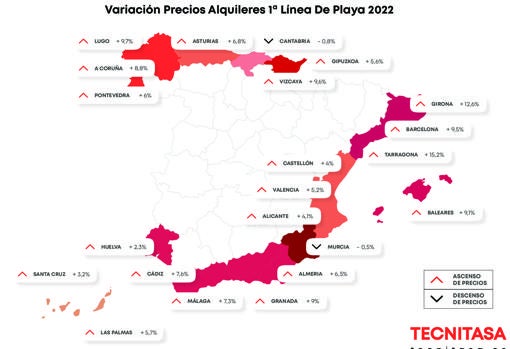 Mapa de los incrementos de precios de alquiler para el verano 2022 en España.