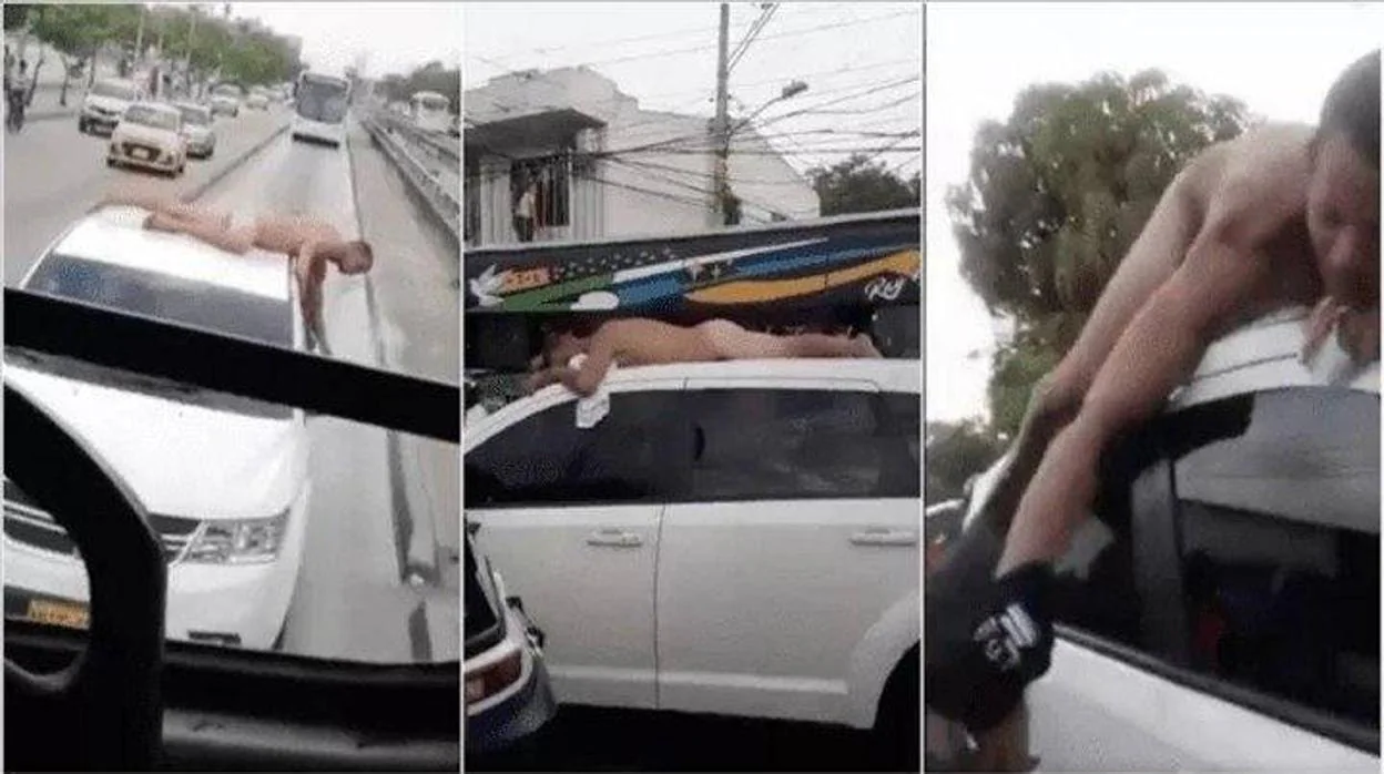 Imágenes del hombre desnudo sobre el techo del vehículo