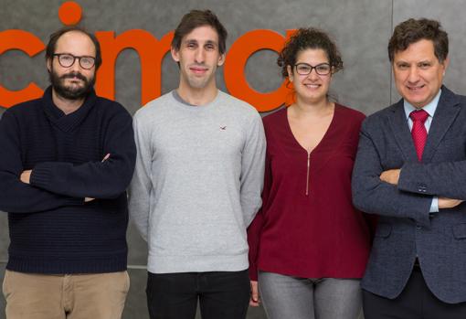 Álvaro Teijeira, Iñaki Etxeberria, Elixabet Bolaños e Ignacio Melero, investigadores del Cima y de la Clínica Universidad de Navarra que han participado en el estudio