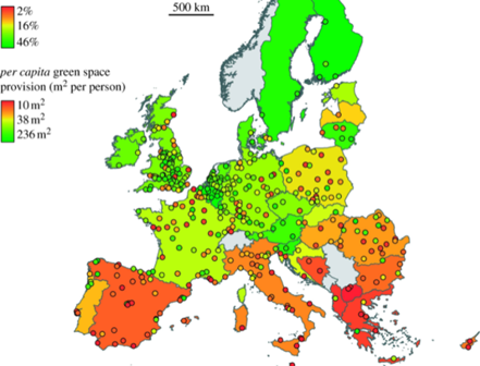 porcentaje de espacio verde en las ciudades y la superficie de áreas verdes por habitante correspondiente en cada ciudad