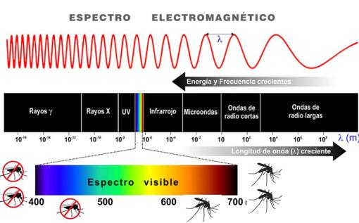 La luz es una forma de radiación electromagnética, un tipo de energía que viaja en ondas. En conjunto, todos los tipos de radiación conforman el espectro electromagnético. El espectro visible para el ojo humano es la radiación cuya longitud de onda está aproximadamente entre 400 y 700 nm. Los mosquitos prefieren las longitudes de onda superiores a los 600 nm