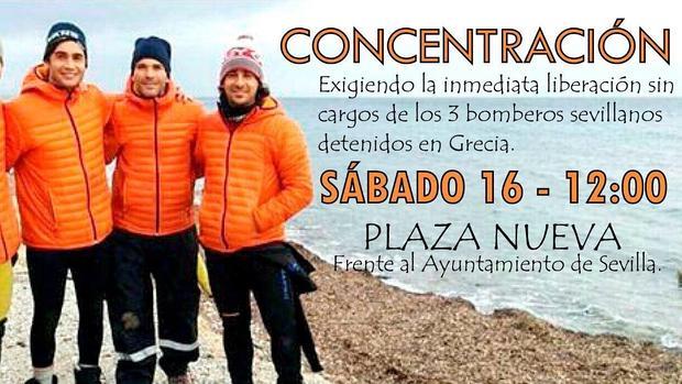 Cartel de la concentración que tendrá lugar en la Plaza Nueva en apoyo a los bomberos detenidos en Lesbos