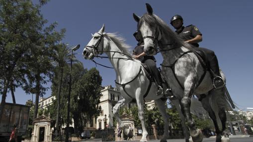 Una pareja de la Policía Nacional vigilando el entorno del Casco Histórico de Sevilla