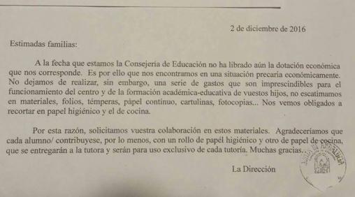 La carta que se envió a los padres