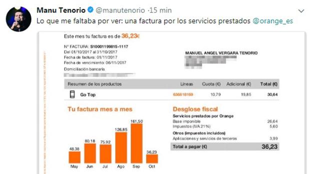 Manu Tenorio se cabrea con Orange y publica por error sus datos personales