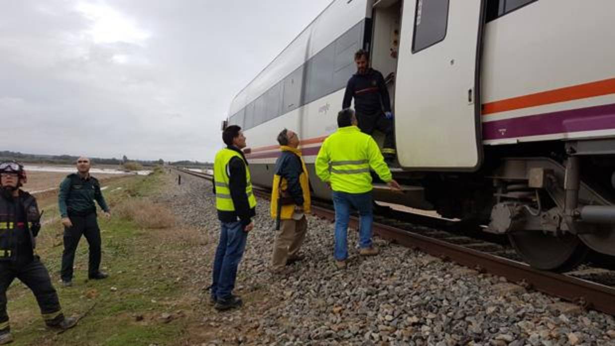 Efectivos de Bomberos y la Guardia Civil junto al tren descarrilado