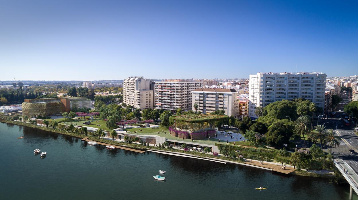 Recreación del jardín y los dos edificios