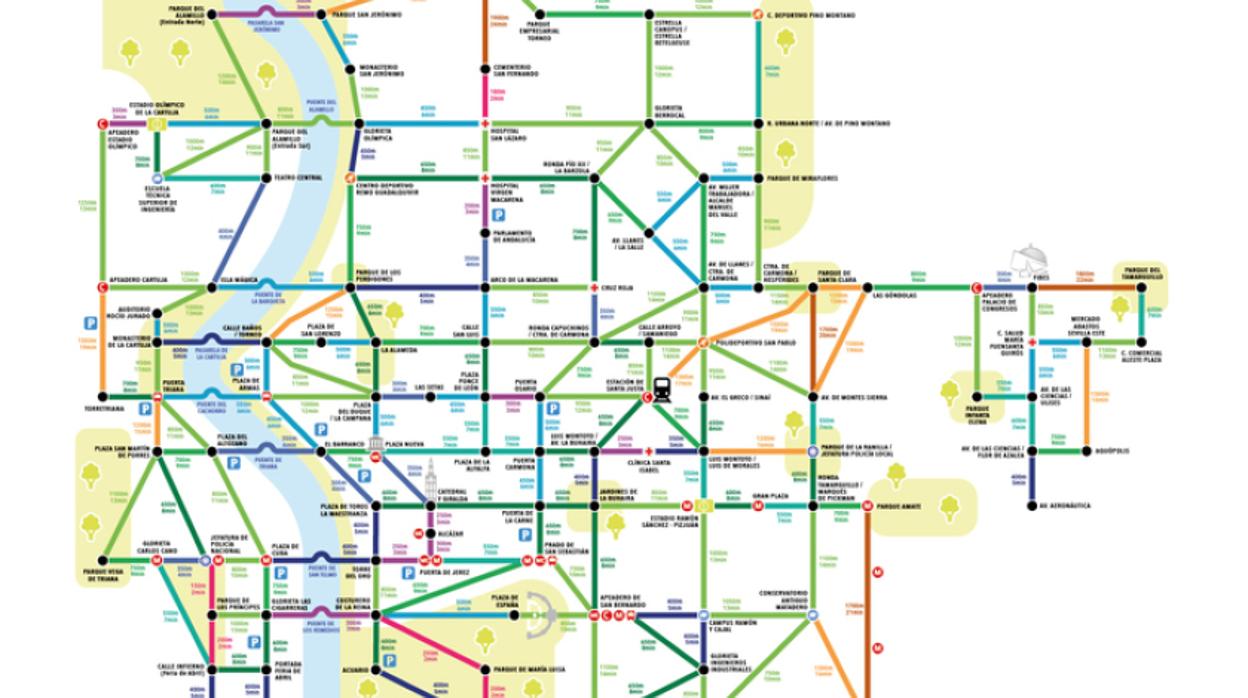 El mapa de la red de itinerarios para caminar por Sevilla