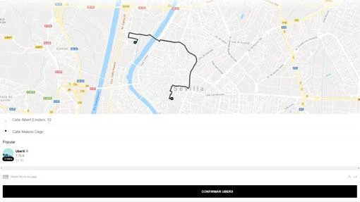 Captura de pantalla de una solicitud de viaje de Uber por Sevilla a través de la web