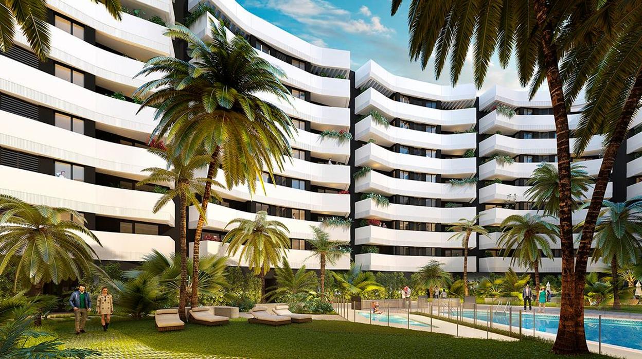 Recreación virtual del edificio Residencial Oasis, cuya construcción comienza en un mes