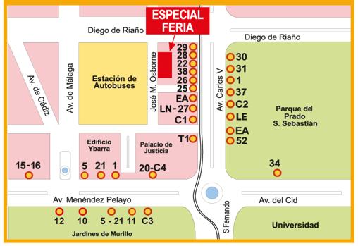 Ubicación de las paradas de autobús para la Feria de Abril de Sevilla en el Prado de San Sebastián