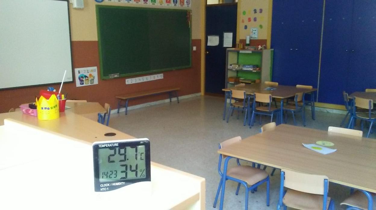 Un termómetro marca casi 30 grados en un aula