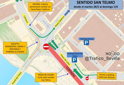 Cortan un sentido del Paseo Colón de Sevilla por los preparativos del Día de las Fuerzas Armadas 2019