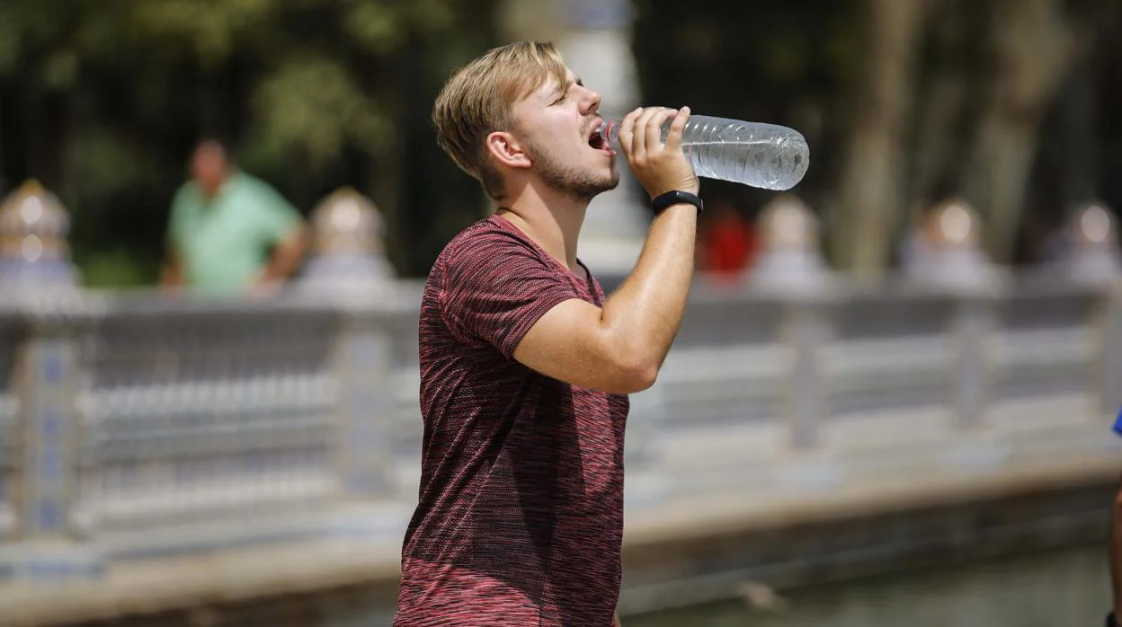 Un joven bebe agua en la Plaza de España de Sevilla