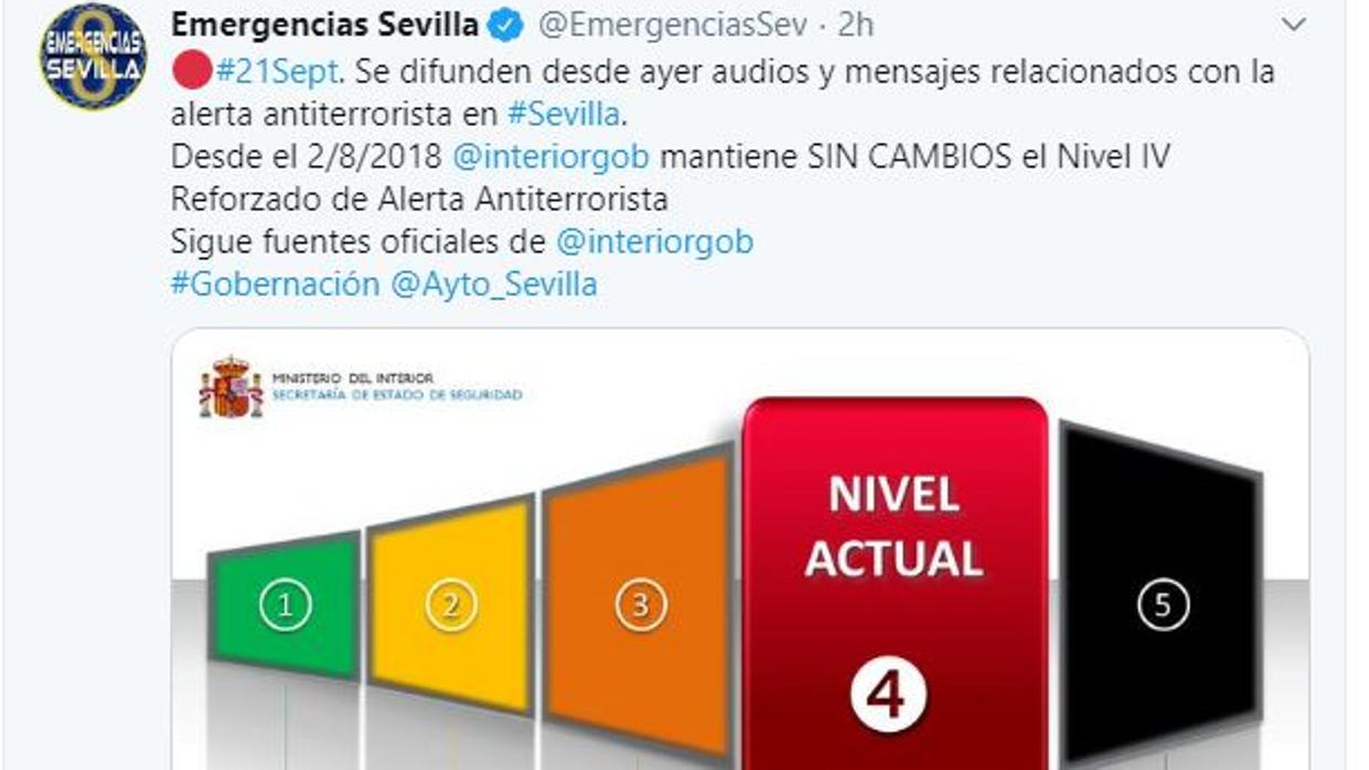 Tuit de Emergencias Sevilla en el que se recoge el bulo desmentido por el Ministerio del Interior