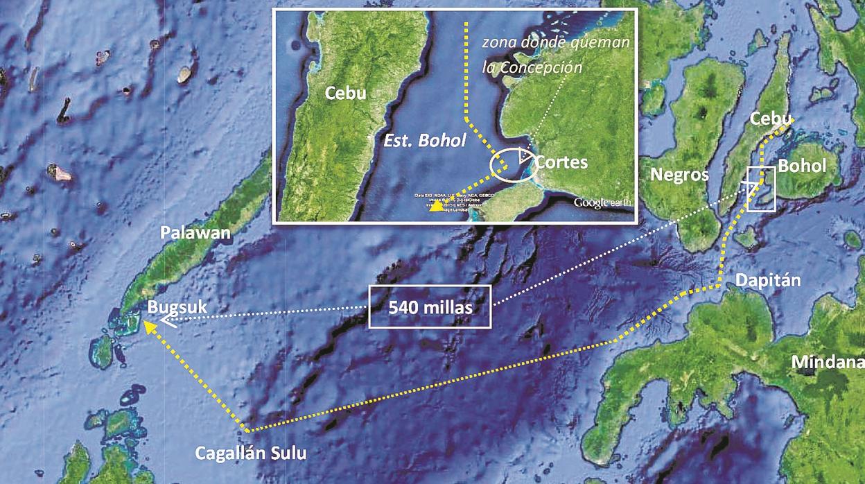 Desde Cebú se dirigen, rumbo suroeste, hacia Mindanao y la isla de Palawán