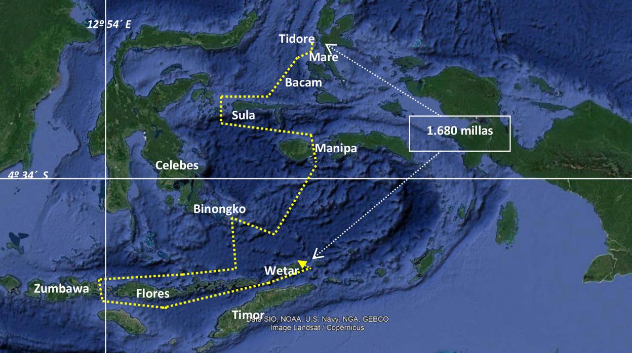 Ruta seguida por Juan Sebastián Elcano para salir de las Molucas