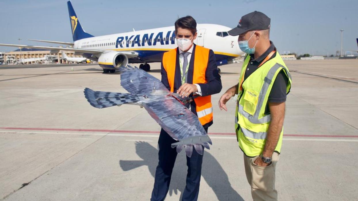 El director del aeropuerto, Jesús Caballero, sujeta el dron entre sus manos