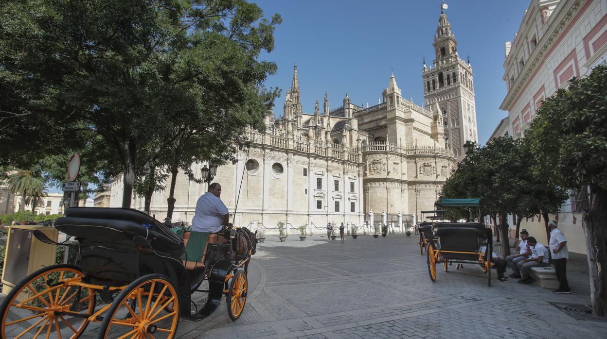 Cocheros de caballo esperan clientes en una desértica plaza del Triunfo