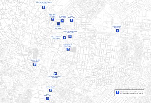 Situación de loa aparcamientos públicos de Sevilla y número de plazas