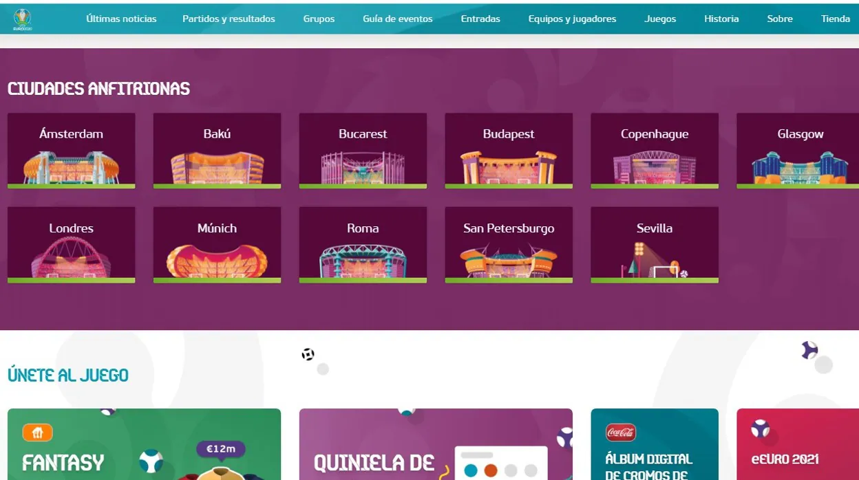 Imagen de la web de la Uefa donde se anuncian las ciudades anfitrionas